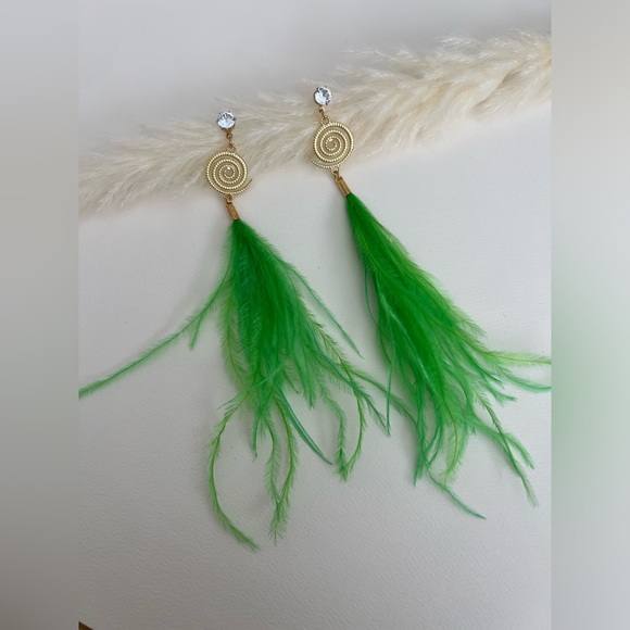Long Dangle Green Feather Hippie Chic Earrings - Vibrant Whimsical Earrings - Picture 8 of 17